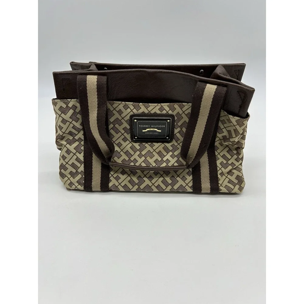Tommy Hilfiger American Classics Monogram Satchel Handbag Canvas Brown Tote
